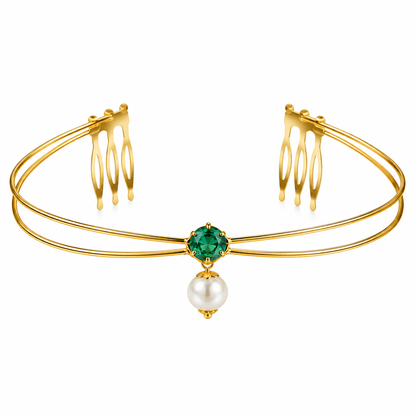 Gold-Plated Blue Green Stone Pearl Hairlet for Women