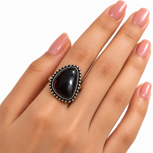 Oxidised Silver Maroon Stone Statement Ring for Women
