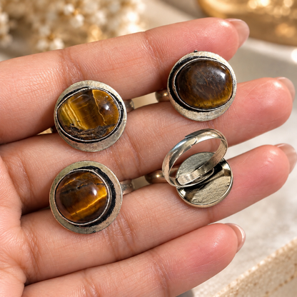 Oxidised German Silver Tiger Eye Natural Stone Statement Ring