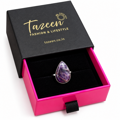 Oxidised Silver Teardrop Ring with Purple Natural Stone