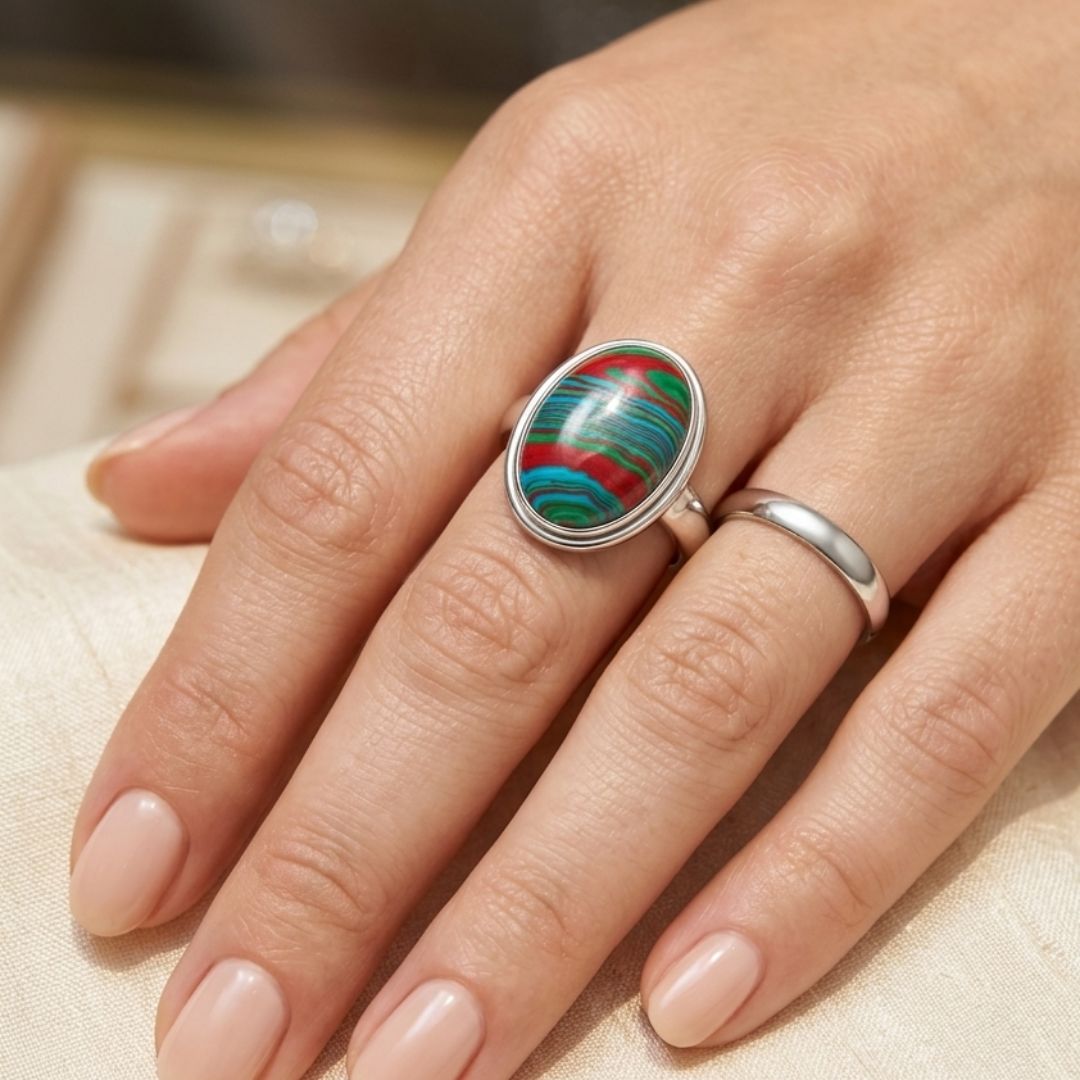 Multicolor Oval Stone Ring in German Silver-Tone Setting