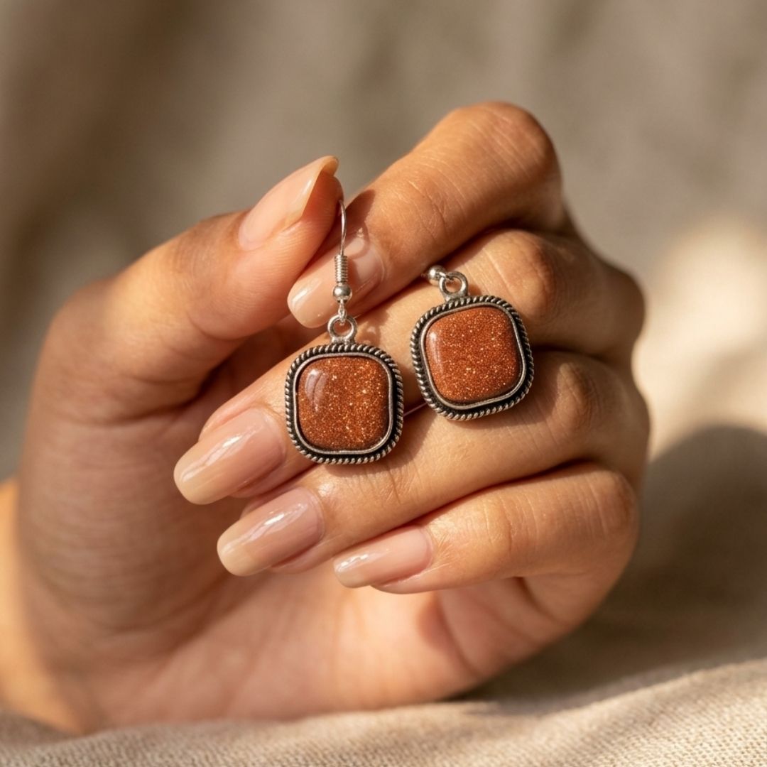 German Oxidized Silver Square Brown Stone Drop Earrings