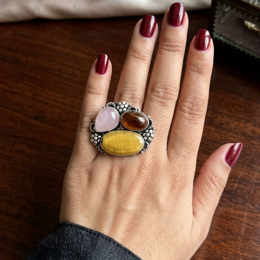 Vintage Bohemian Multi-Stone Statement Ring in Oxidized Silver