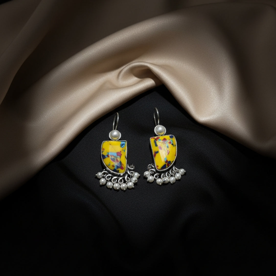 Oxidized Abstract Yellow Stone & Pearl Danglers