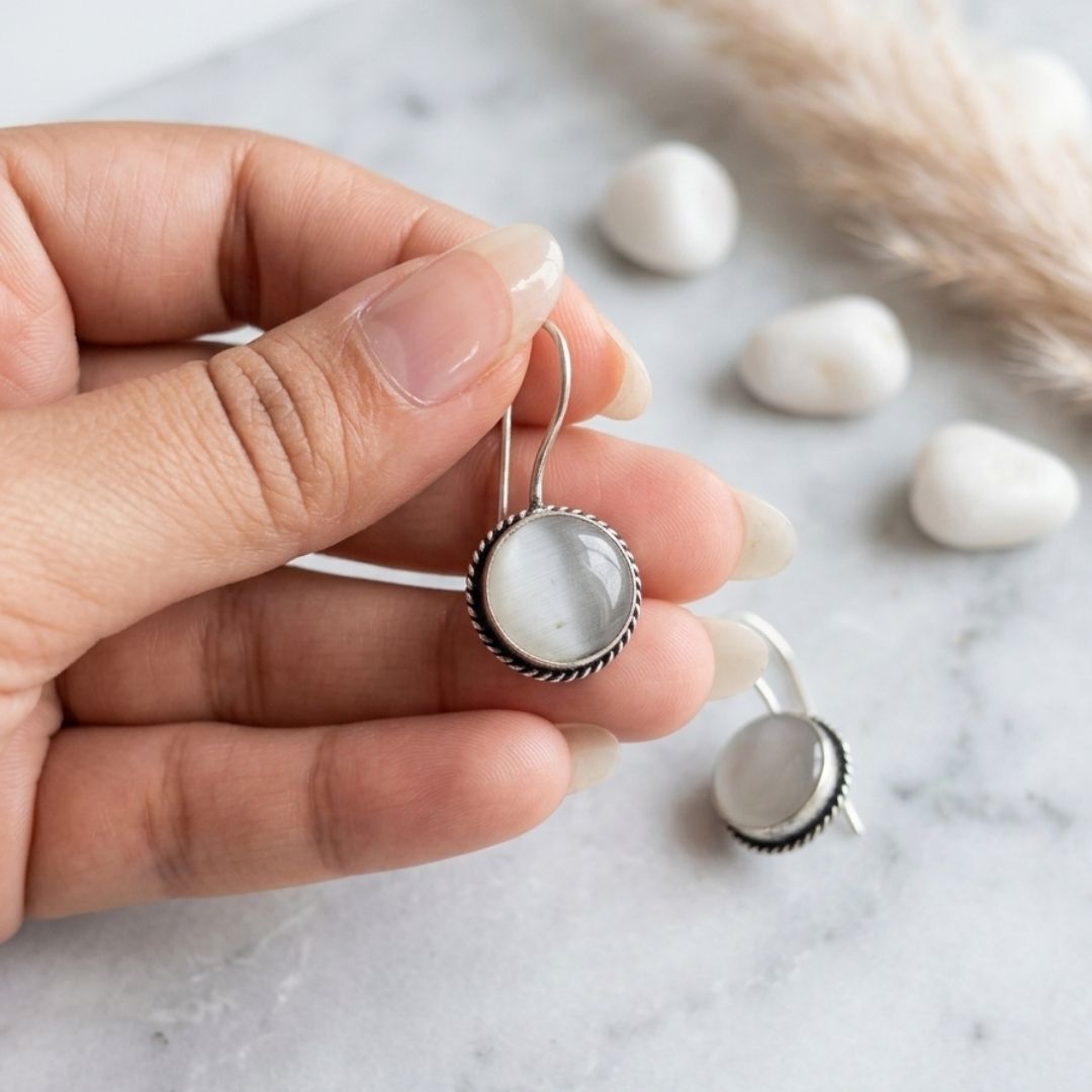 White Cat’s Eye Stone Drop Earrings – Vintage Silver-Tone Dangle Earrings