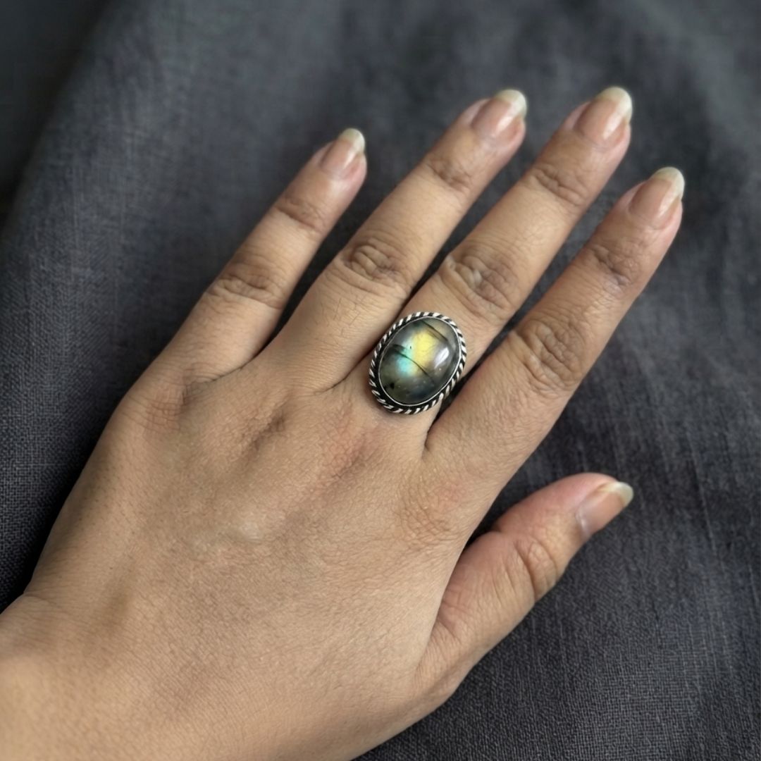 Vintage Lapis Green Crystal Stone Oxidised Silver Ring