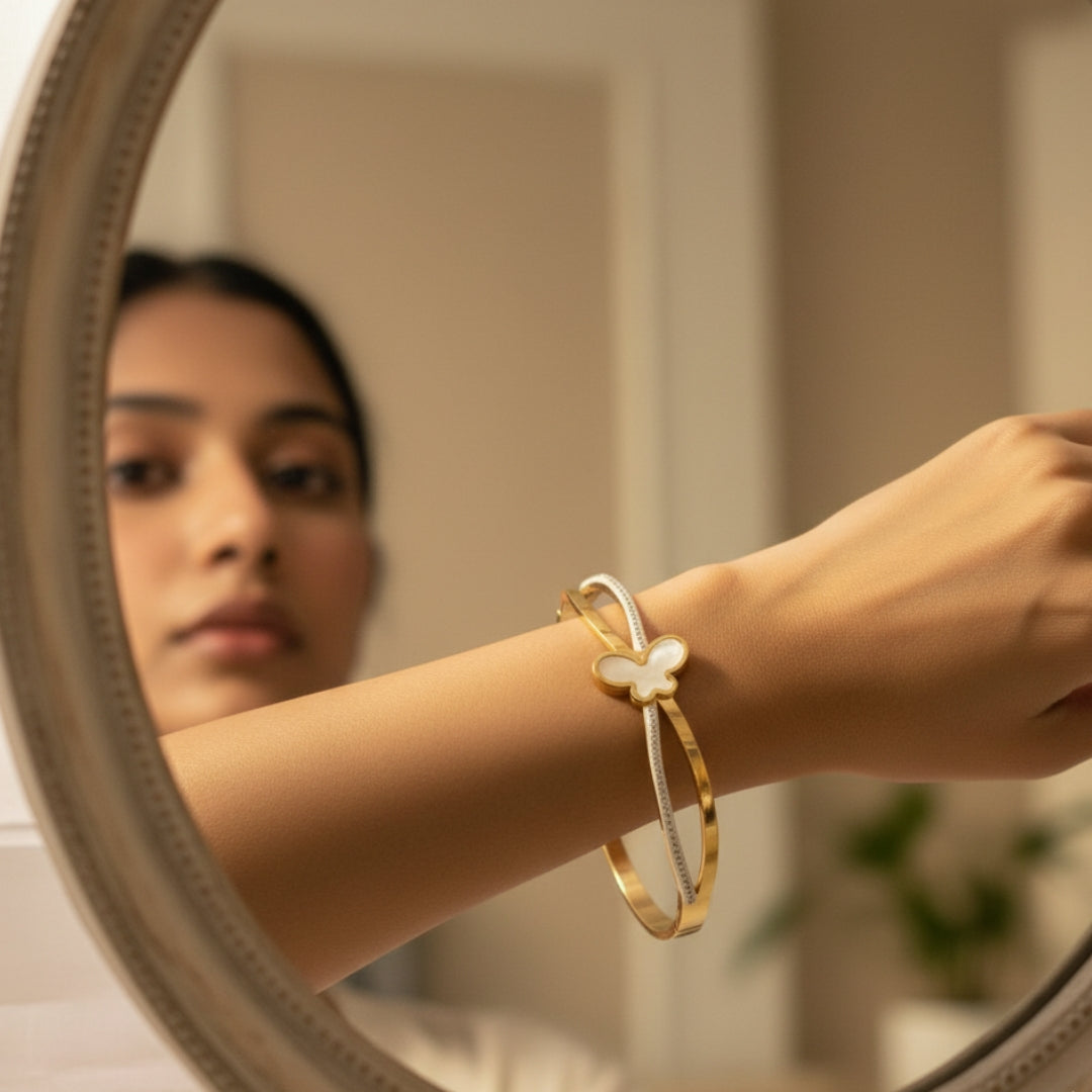 Anti-Tarnish Butterfly Bracelet | Mother of Pearl & Crystal Bangle