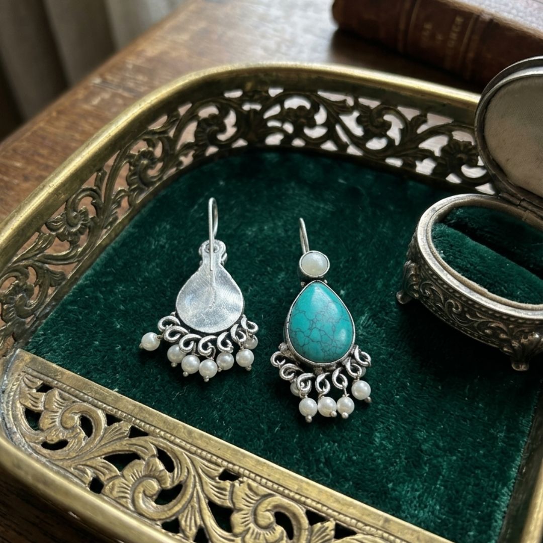 Vintage Turquoise & Pearl Drop Earrings in Sterling Silver