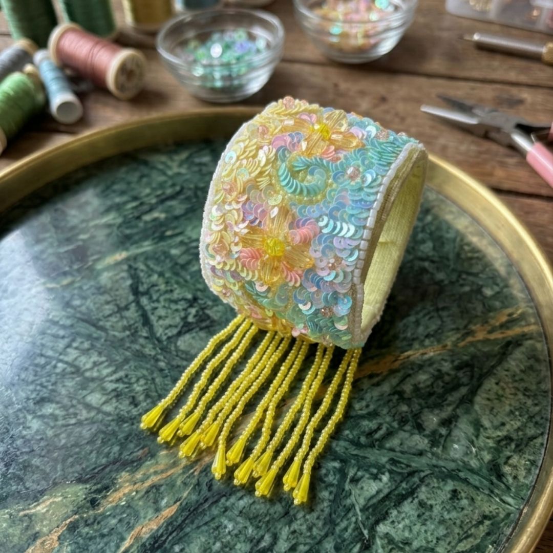Handmade Velvet Beaded Cuff Bracelet with Pastel Sequin Embroidery & Fringe