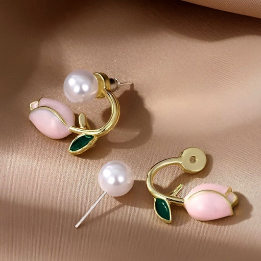 Gold-plated tulip and pearl stud earrings