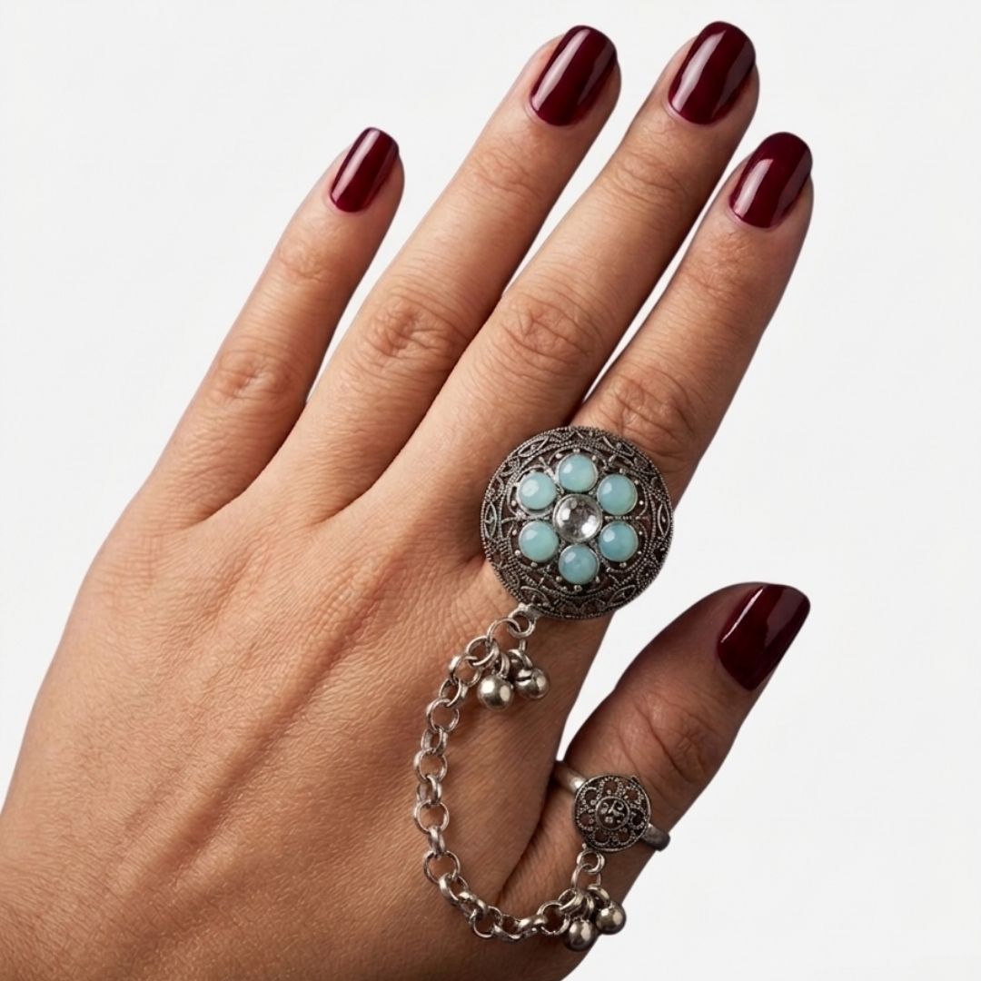 Oxidized German Silver Kashmiri-Style Mint Green Stone Floral Chain Hand Harness Ring