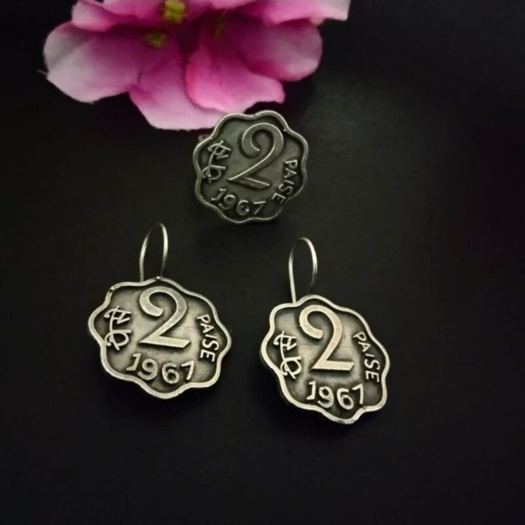 Antique German Silver 2 Paisa Coin Earrings | Oxidized Traditional Jewelry