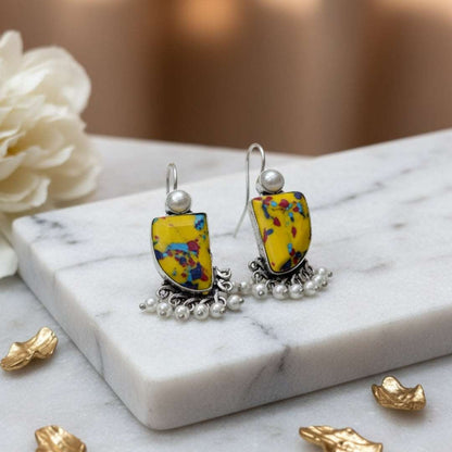 Oxidized Abstract Yellow Stone & Pearl Danglers