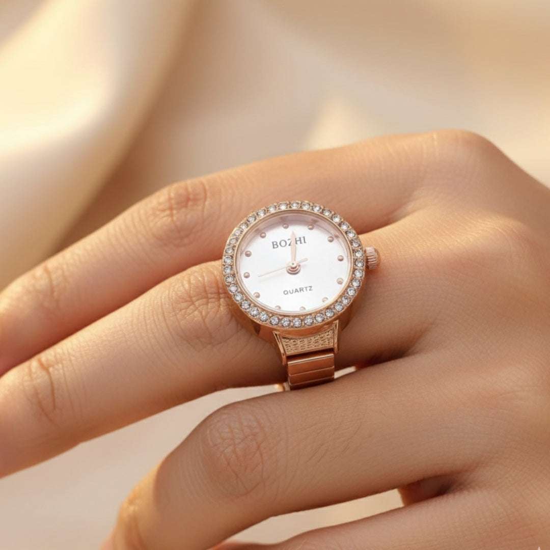 Rose Gold Crystal Finger Watch | Elegant Adjustable Ring Timepiece