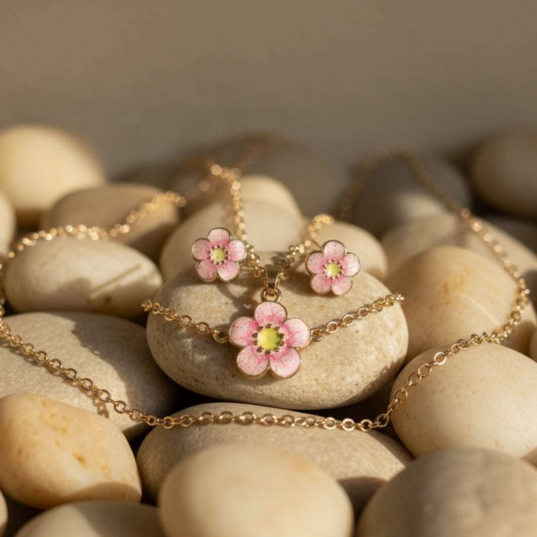 Pink Flower Charm Set – Kids Necklace & Earrings