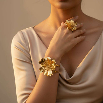 Oversized Gold Bloom Bangle & Ring Set
