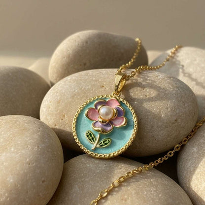 Anti-Tarnish Pastel Floral Medallion Pendant