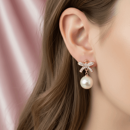 Bow Pearl Drop Earrings Gold