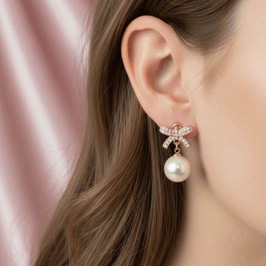 Bow Pearl Drop Earrings Gold