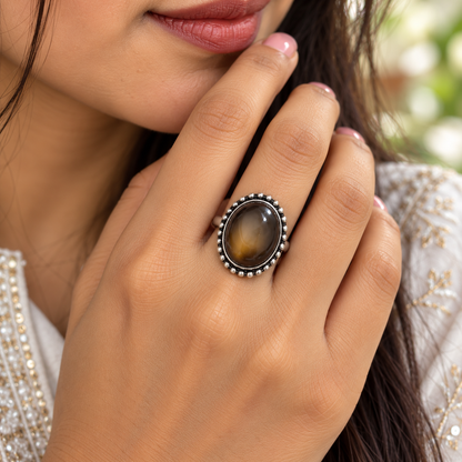 Oxidised Smoky Quartz Statement Ring | Vintage Oval Gemstone Ring