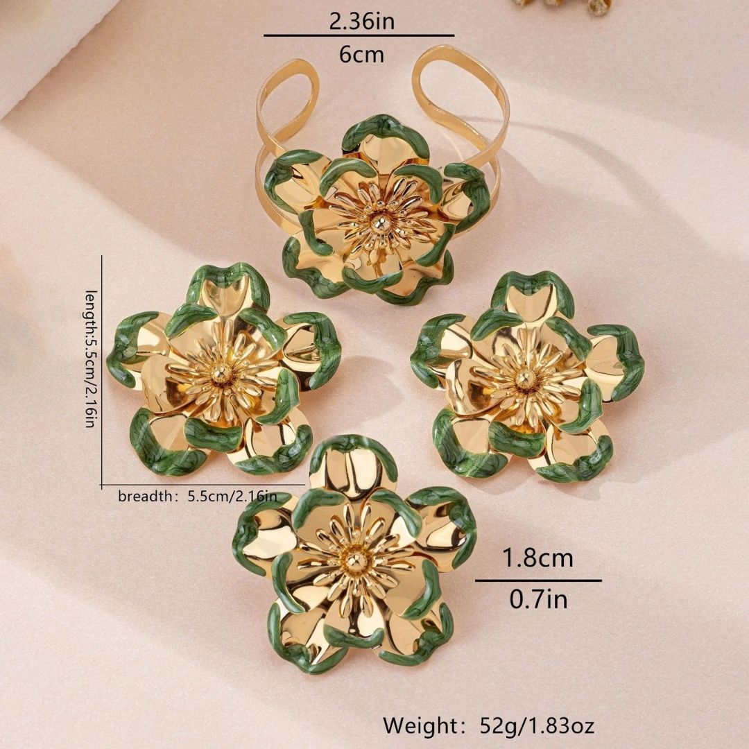 Elegant Gold & Green Floral Jewelry Set – Bracelet, Earrings & Ring Combo