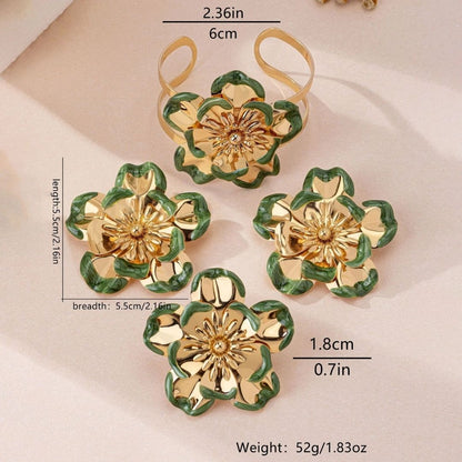 Elegant Gold & Green Floral Jewelry Set – Bracelet, Earrings & Ring Combo