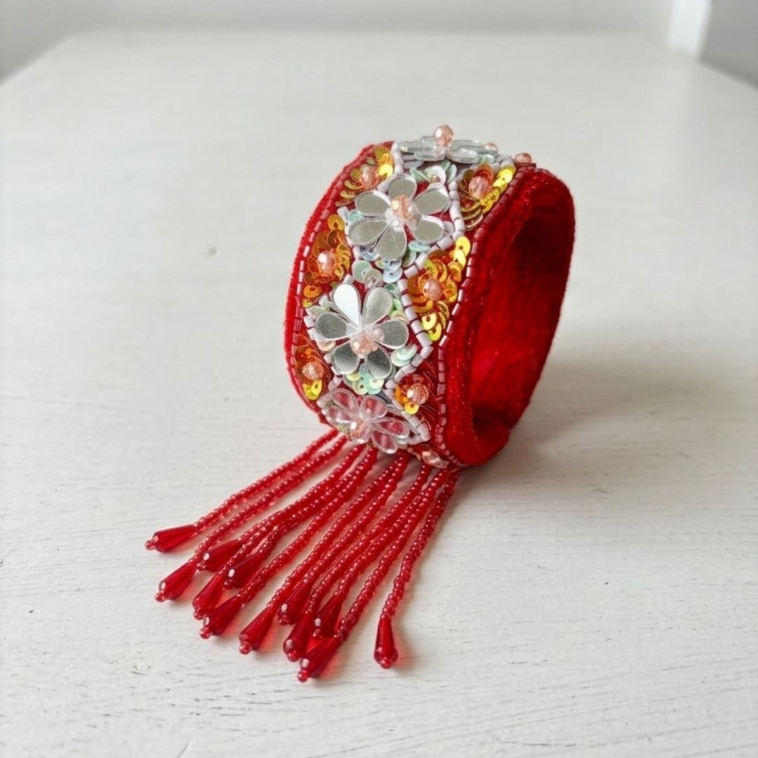 Handmade Red Beaded Floral Cuff Bracelet with Tassel Fringe
