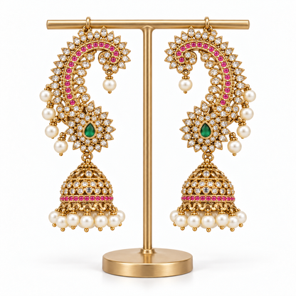 AD Stone Ear Cuff Jhumka Earrings with Single Green Stone and Multiple Rani Pink Stones