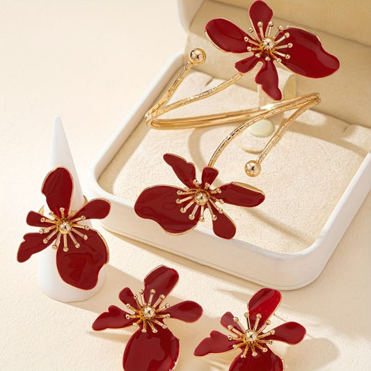 Elegant Red Floral Jewelry Set – Armlet, Ring & Statement Earrings