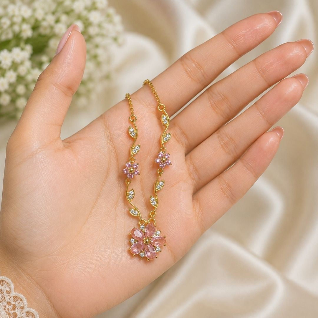 Elegant Gold Floral Pendant Necklace with Pink Crystal Stones – Delicate Statement Jewelry