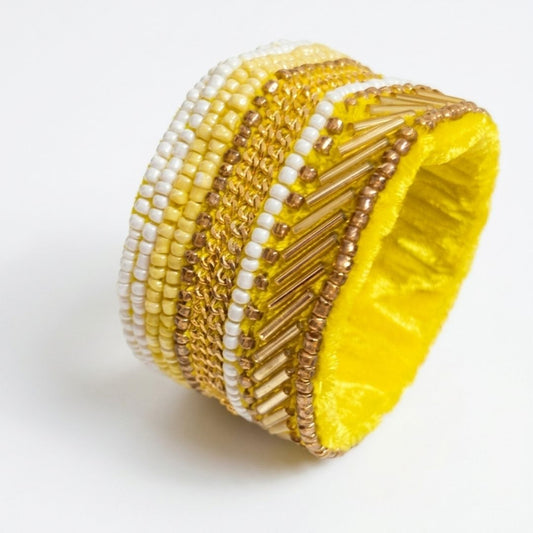 Handcrafted Yellow Beaded Bracelet with Gold Thread Detailing