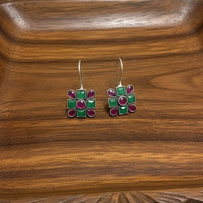 Oxidised Silver Square Drop Earrings with Green and Ruby-Tone Stones