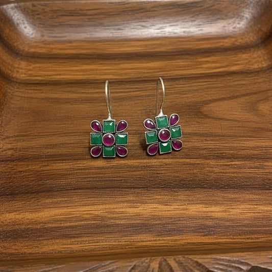 Oxidised Silver Square Drop Earrings with Green and Ruby-Tone Stones