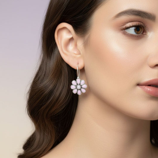 Pink Daisy Silver Hook Earrings – Floral Handmade Jewelry