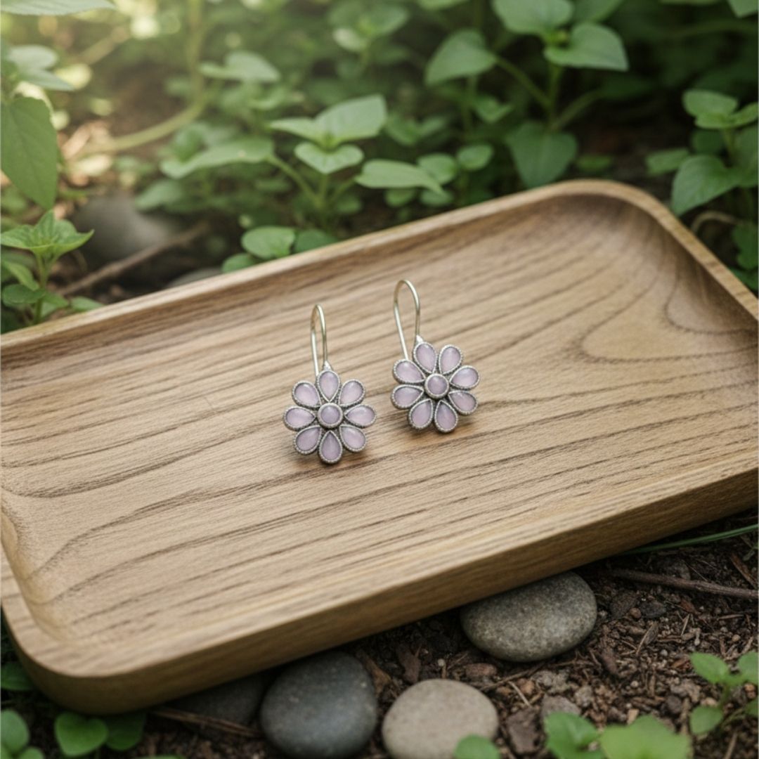 Pink Daisy Silver Hook Earrings – Floral Handmade Jewelry