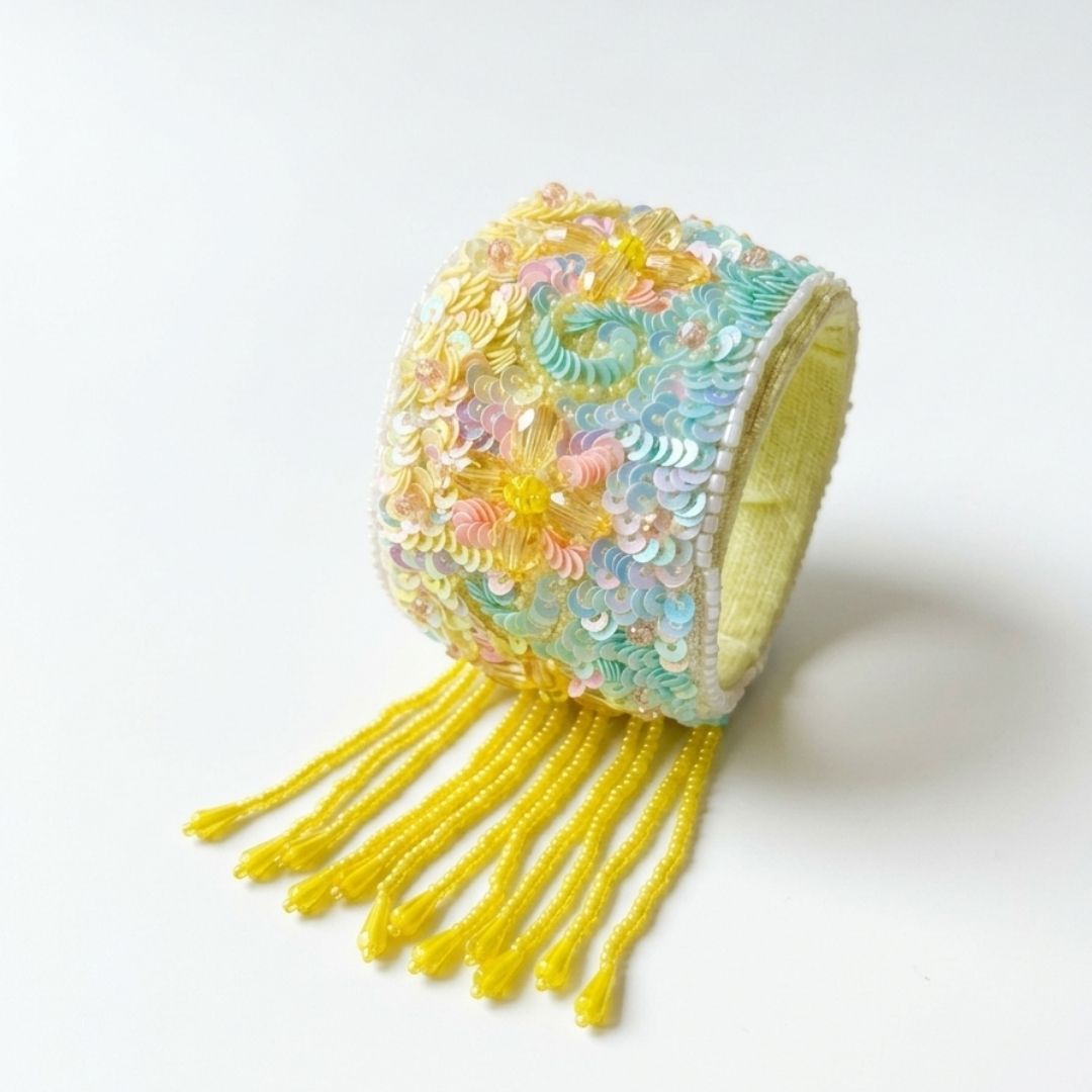 Handmade Velvet Beaded Cuff Bracelet with Pastel Sequin Embroidery & Fringe