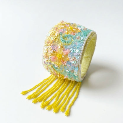 Handmade Velvet Beaded Cuff Bracelet with Pastel Sequin Embroidery & Fringe