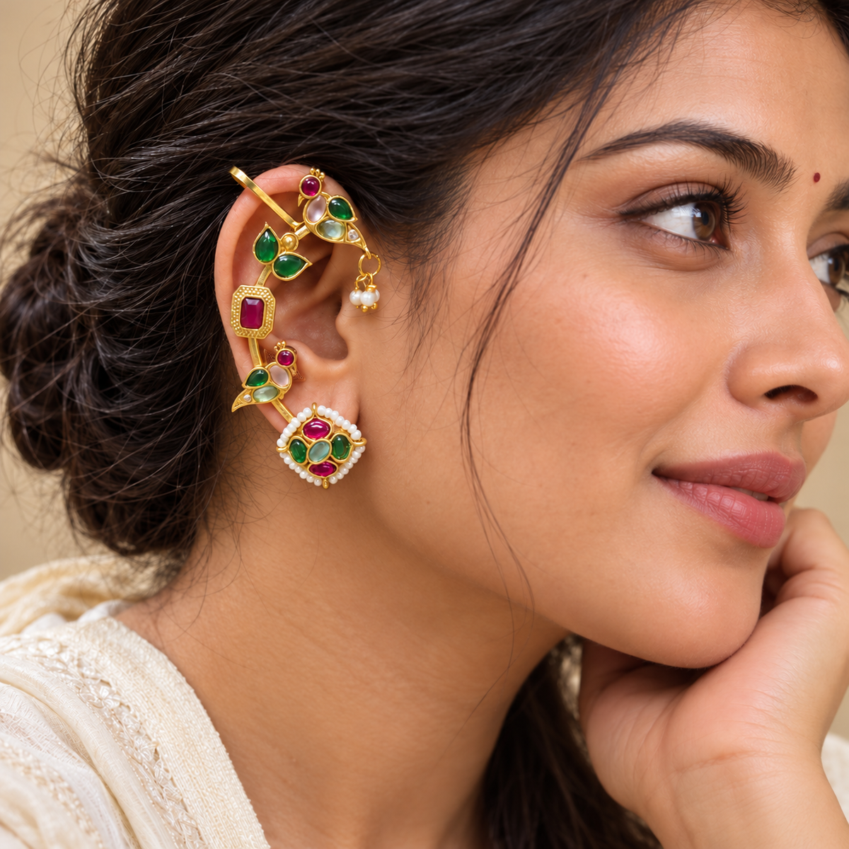 Gold-Plated Peacock-Shaped Ear Cuff Earrings with Artificial Stones and Bead Embellishments