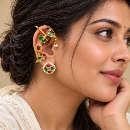 Gold-Plated Peacock-Shaped Ear Cuff Earrings with Artificial Stones and Bead Embellishments
