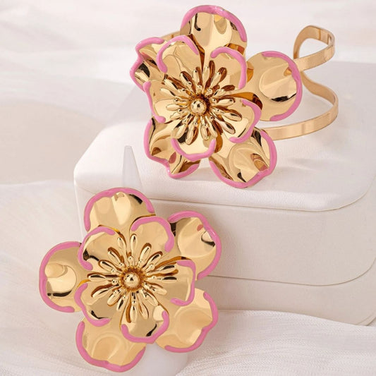 Elegant Gold & Pink Floral Jewelry Set – Bracelet, Earrings & Ring Combo