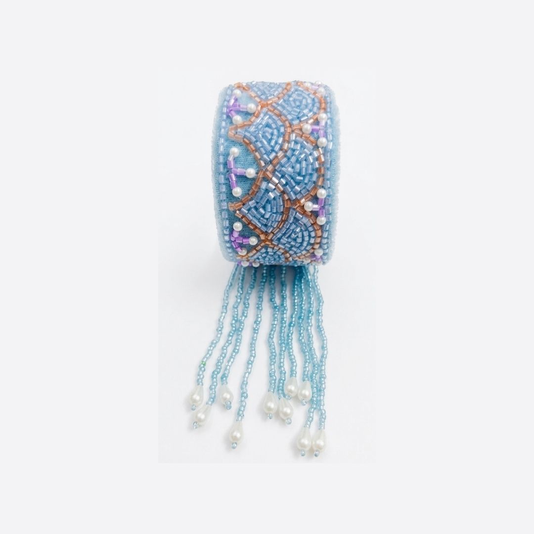 Sky Blue Beaded Handmade Bracelet with Pearl Tassels