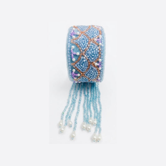 Sky Blue Beaded Handmade Bracelet with Pearl Tassels