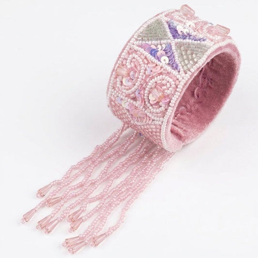 Blush Pink Beaded Fringe Statement Cuff Bracelet