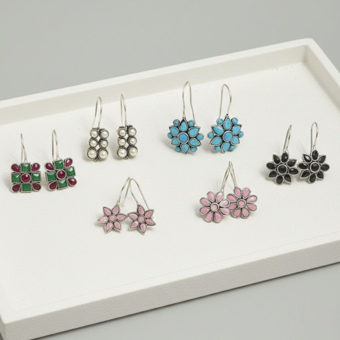 Oxidised Silver Pearl Cluster Drop Earrings