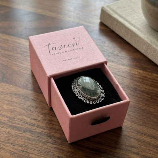 Elegant Oxidised Silver Adjustable Ring with Green Stone