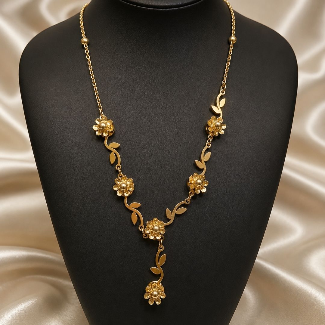 Elegant Gold Floral Y Necklace with Leaf and Flower Charms – Statement Jewelry