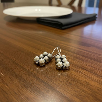 Oxidised Silver Pearl Cluster Drop Earrings