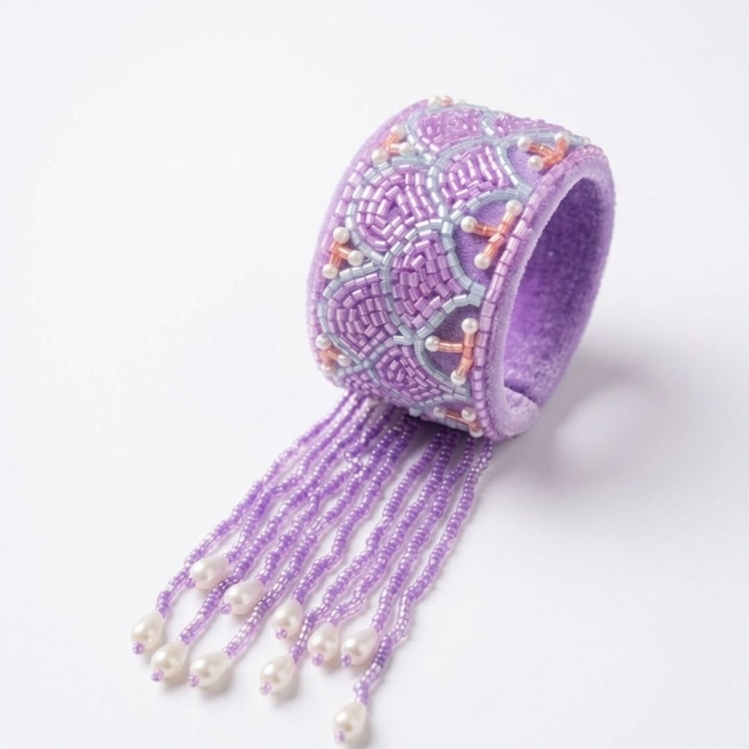 Handmade Lavender Velvet Beaded Cuff Bracelet with Pearl Accents & Fringe