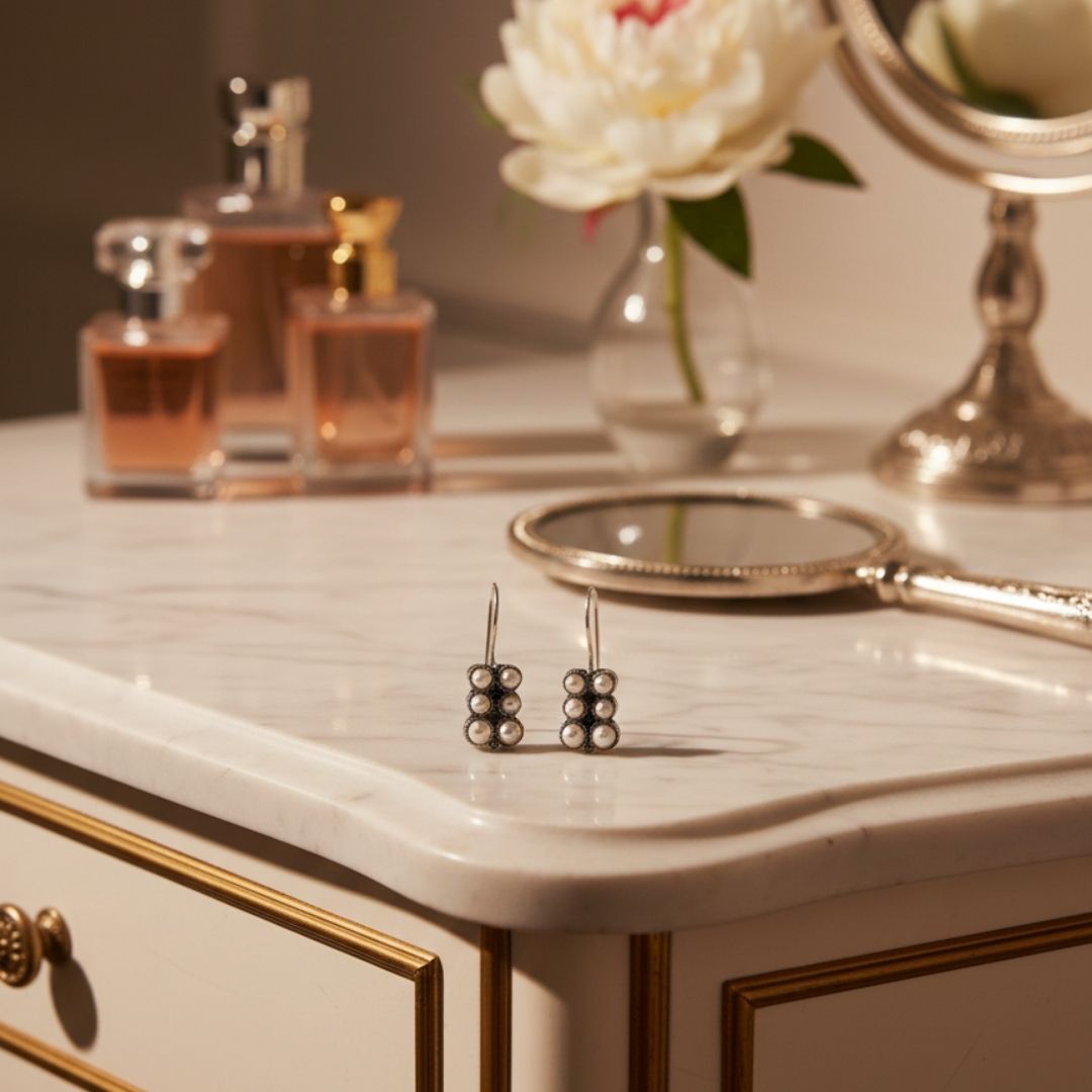 Oxidised Silver Pearl Cluster Drop Earrings