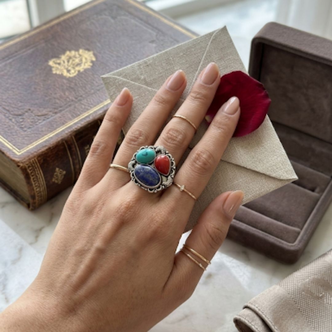 Vintage Boho Multi-Stone Cluster Ring in Oxidized Silver